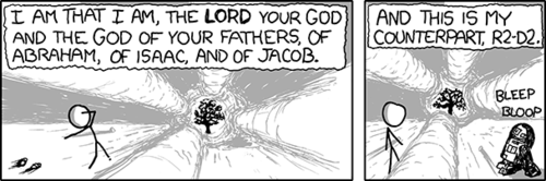 In a recreation of the Burning Bush scene from the Book of Exodus, we see Moses (complete with removed sandals) getting talked to by God. Then God says that his counterpart is &#8220;R2-D2.&#8221; This happened because in the film Return of the Jedi (part of the Star Wars franchise) the robot known as C3PO is worshiped as a god by the Ewoks and his partner was the robot R2-D2.