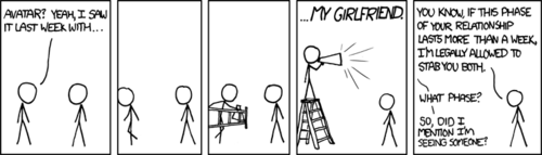 The author is frustrated.
He is frustrated because even after depicting a man performing oral sex on a female multiple times in his comic strip, he has not yet successfully attracted a mate. Even after endlessly proving to female readers that he cares deeply for their feelings, and will bend-over backwards to please them - he still does not have a girlfriend. He fights for them. They do not call. He praises their intelligence and strength. They will not remove their clothing. He creates diagrams, graphs, math jokes and homographic puns that perfectly describe his feelings for them. They will not let him touch their breasts. He is frustrated.
He also refers to the movie Avatar, to ensure that some geek pop culture is still present in the comic strip.