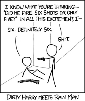 The first line is from the famous 1971 film Dirty Harry. It directly precedes the even more famous line, “”Do I feel lucky? Well, do ya, punk?” In that particular scene, Clint Eastwood’s character Harry Callahan has his gun on a bank robber and intimidates him by making him wonder if he has any bullets left. The robber doesn’t know the answer to this question, although to be safe he assumes (incorrectly) there is still one round of ammunition left.
However, in this strip, the Author has devised a comedic mash-up wherein the bank robber is replaced by Raymond Babbitt, an autistic savant with near perfect memory from the film Rainman.
You see, the joke here is that “Rainman” wouldn’t have any problem remembering the number of bullets fired because he has an excellent memory.