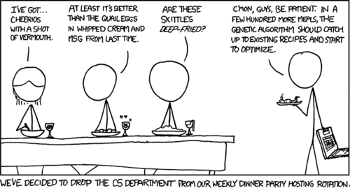 Background: Genetic Algorithms are methods for finding solutions to computational problems that are modeled after evolution. They tend to start by selecting a series of random possible solutions and testing them against a set problem, then testing how effective the given solution (or component thereof) was. Upon each completion, the best solutions are modified or “mutated” using the collected results and the process begins again. This repeats numerous times with the end goal of removing all but the best possible solution to the problem.
The Author believed that it would be humorous to take the scientific concept of genetic algorithms and transpose it onto a common life task - cooking. As is shown in the comic strip, the computer science students have decided to use a form of genetic algorithm to randomly combine ingredients to create the ultimate recipe for the dinner party. It’s funny because this leads to very peculiar food combinations that most people would not enjoy consuming. 