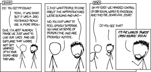 Today&#8217;s comic is attempting to make a political statement about the superiority of using open source software and technology. It uses a narrative involving two stick figures to make a comparison between the turn-of-the-century debates over an open document format, and the current debates and concern over the closed nature of Facebook. 
The disheveled, open-source loving stick figure is shown in 2003 suggesting to a colleague that he use an open document format, rather than the proprietary format of Microsoft Word. The &#8220;strait-man&#8221; quickly interrupts him with one of the counter-arguments to an open format - a suggestion that any debates over format are for &#8220;nerds&#8221; and ultimately hurt the everyday user&#8217;s productivity. As a retort, the Richard Stallman fan begins an argument about good infrastructure, hoping to explain its importance for the future, only to be cut off with claims that he is autistic (a reasonable claim, as he isn&#8217;t making eye-contact at the time). 
Fast-forward to modern-day, and the strait-man is now (literally) running to the open-source loving &#8220;nerd,&#8221; in a panic over the recent &#8220;news&#8221; that Facebook may be using the data that their users give to them to generate profits. The bearded man then makes a joke that combines a cliché (world&#8217;s smallest violin) with geek culture.
The hidden joke in this punchline is that the strait-man actually has no reason to panic, as the hysteria over Facebook&#8217;s &#8220;evil&#8221; behavior was caused by the bearded man himself! The bearded man was able to fool the strait-man by regularly placing irrational fears about Facebook in his head over the course of the last three years. Fears such as: &#8220;if you click that button, it will tell people you did so!&#8221; and &#8220;when you put information about yourself online, it is possible for people and companies to see that information - but that is only bad in the case of Facebook.&#8221;
This comic strip was made to elicit desk-shakingly violent nods of approval from the audience, who will primarily agree with this anti-corporate sentiment. It is meant to give a small self-esteem boost to those who, due to reading Chomsky and dystopian cyberpunk novels, automatically support open alternatives to any service, project or piece of software - alternatives that inevitably fail to gain any traction due to their poor design, lack of direction or needless complexity.