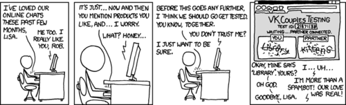 Rob is having an online relationship with Lisa. However, he is suspicious that she may not be everything he imagines and asks her to take a test, presumably one for sexually transmitted diseases. However, the twist is that the test is actually a CAPTCHA test, which is intended to prevent automated computer programs from logging into websites and posting spam messages. Lisa fails this test because she is indeed a computer program and not a human.
Panel number two employs foreshadowing when Rob talks about Lisa mentioning products she likes. When the reader first reads this, they think nothing of it and assume they might not have similar tastes in consumer product preferences. However, when it is revealed that she is a spambot, it becomes clear that she was really interspersing advertising into their conversations.