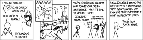 Much of what the Author strives to accomplish with his comic strip is to answer the question, “but what if &lt;geek fantasy/joke/concept&gt; really happened?” It’s an important job, and one that he certainly does not take lightly. He stays awake until sunrise, scouring the web for your most crucial questions. Once found, he may spend weeks on end formulating the perfect answer. And he will find the answer. He toils for you, without payment or praise.
In this comic strip, the Author finally answers the question: “what happens after the child finishes his heroes journey in a far-away fantasy land, and is transported back home?” We have all begged for an answer to this question. We scream at our television sets as the credits roll after The Chronicles of Narnia or Peter Pan. “What happens next!?” we exclaim. Well the definitive answer is in: the child then leads a tortured, double life of denying the single greatest event of his existence or knowing those who love him do not believe him.