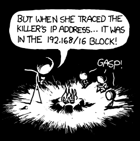 Today, like so many other days, part of a well-known cliché has been substituted with a piece of geek culture.
The cliché in this case is the &#8220;killer calling from inside the house&#8221;, based off of the 1979 film When a Stranger Calls. Except instead of the killer&#8217;s phone calls being traced to inside the house, it is his IP address that is traced to the 192.168/16 block - the block generally reserved for the local (e.g. household) network. 