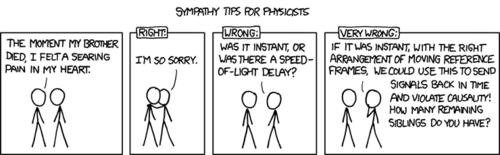 It can be assumed that the Author, while watching a television show by himself, heard the line “the moment my brother died, I felt a searing pain in my heart” and immediately sprung from his bean bag chair to write down the line and a single word: “PHYSICS!” That word was then underlined and circled, thus beginning the creation of another scientific-concept-transposed-into-real-life cartoon.
In the cartoon we see a man describing the grief he felt during his brother’s death to a second man. The second man, a physicist, is then shown giving three possible verbal responses that serves as examples for right, wrong and very wrong answers.
The first response is a simple condolence that one would expect for the given situation. The hilarity begins in the second response, in which the physicist takes the word “moment” into the context of his profession, specifically within the topic of causality (cause and effect). He asks if the pain felt (effect) truly happened in the same moment as the brother’s death (cause), or if there was a delay from the speed of light - the maximum speed at which information can travel according to physics.
The third and most ludicrous response from the physicist has him imagining an experiment involving the killing of the first man’s other siblings in order order to use the instantaneous cause and effect to violate the rules of causality and send signals back in time.
There you have it readers, the Author has managed to turn a man’s death into a homographic pun involving physics and time travel.