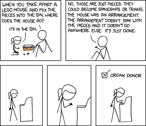 The adult asks the child a loaded question about her toys. She responds, as any child would, with a simple answer. The adult then corrects the child and proceeds to wax philosophical about how her toys, and thusly the other objects in our lives, are ultimately just the sum of their parts. He then adds that these parts can be reused upon the disassembling of the object.
The last three panels show the child, presumably at the DMV, looking at her toys and deciding to opt in to the organ donor program. This is humorous because the adult’s lecture has led her to think of her organs as Lego bricks - to be disassembled and reused upon her untimely death.