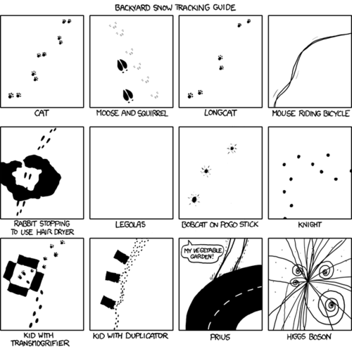 Here, various jokes are represented as a grid of animal footprint diagrams. In comic-book-reading order, with which you should have no trouble following, here are the explanations:


Cat Just a cat&#8217;s footprints - this non-joke is used as a foundation for the jokes that follow to build upon. If it helps, you may think of it as a &#8220;control group.&#8221;

Moose and squirrel A reference to children&#8217;s show The Rocky and Bullwinkle Show.

Longcat a reference to an internet meme of the &#8220;lolcat&#8221; variety.

Mouse riding Bicycle from The Mouse and the Motorcycle children&#8217;s series.

Rabbit stopping to use hair dryer It&#8217;s funny because rabbits don&#8217;t use hair dryers. It is also a setup for a homographic pun.

Legolas An &#8220;elf&#8221; from the Lord of the Rings movie series who leaves no footprints (get it?).

Bobcat on pogo stick Something random and wacky.

Knight The footprints move in the manner required of the knight piece in chess.

Kid with Transmogrifier A reference to the children&#8217;s comic Calvin and Hobbes.

Kid with Duplicator A reference to the children&#8217;s comic Calvin and Hobbes.

Prius A topical joke referencing the malfunction of the new Prius&#8217; braking system.

Higgs Boson The tracks in this diagram resemble the output from the Large Hadron Collider that may prove the existence of the Higgs Boson particle.

In summary children&#8217;s series, lolcat, children&#8217;s series, homographic pun, Lord of the Rings, random/wacky, chess, children&#8217;s series, children&#8217;s series, topical joke and physics.
Note: you may consider the previous summary to be of this comic strip, or of the entirety of XKCD, the choice is yours.