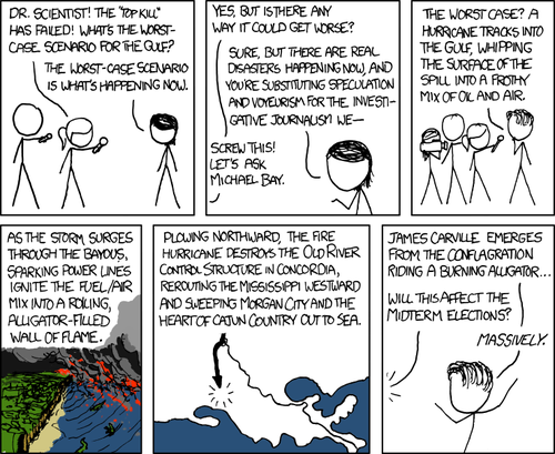 Always topical, the Author introduces the strip with two reporters asking an intelligent female scientist (humorously named Dr. Scientist) for comments on the current ecological disaster the BP oil spill in the gulf has caused, and what the latest worst case scenario could be now that the top kill solution has failed. Dr. Scientist replies that we are already living the worst case scenario. Revisiting a common thread throughout the run of this comic, the female of superior intellect is roundly dismissed as the reporters press on in their pursuit of “if it bleeds, it leads” journalism, hoping for an even worse possible future than what we are currently experiencing in order to scare people into consuming their media. This sends Dr. Scientist into a reasoned—albeit accusatory—response that bluntly comments on the tendency of the media to seek out titillating headlines and stories rather than acting as responsible journalists; a more attractive option than putting in the time and effort to investigate the situation at hand in a sober, impartial manner. Of course, this this is all just a set up by the Author signaling that the time has come to cut to the Dumb Male Character… the Audience is treated to another special guest appearance from the Author’s go-to whipping boy, Michael Bay, reprising his famously stereotyped role as a testosterone-filled alpha male with flowing unkempt hair—the perfect archetype of everything the Author despises in a man.

Predictably, the Author’s depiction of Michael Bay immediately begins to spout off an extreme and outlandish scenario in which… well, it doesn’t really matter what he came up with. Unfathomable natural disasters, scientifically impossible scenarios, absurdist humor, a dash of political intrigue thrown in for good measure, etc. In reality, the remaining frames exist purely to demonstrate the cultural and intellectual inferiority the Author views in the typical American alpha male stereotype, and the disdain he has for the plebeian average American who holds these people and their brand of entertainment in high regard. The Author is well aware that the audience of the Comic feels the same way, harkening back to their high school days when the Michael Bays of their campus were busy telling loud stories and getting lots of laughs from throngs of adoring boys and girls in the lunch time quad. The Author and Audience always knew, however, that one day their time would come when they’d be able to exact their revenge upon all of these types of extremely popular and successful men in the form of a biting commentary within a crudely drawn comic strip on the internet.