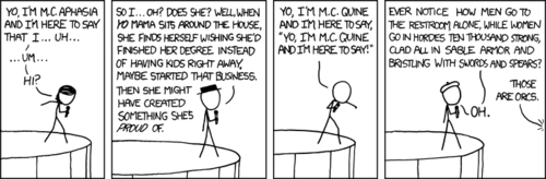 Aphasia is a difficulty with language, the guy in the hat is being overtly literal, quine is a program that produces its own source code and orcs are a reference to The Lord of The Ring. 